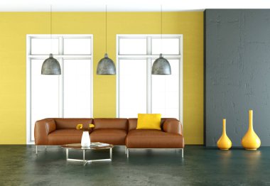 İç tasarım modern parlak oda kahverengi kanepe