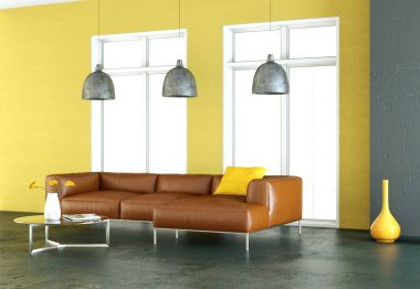 İç tasarım modern parlak oda kahverengi kanepe