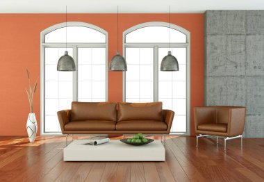 İç tasarım modern parlak oda kahverengi kanepe