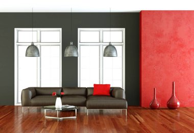 İç tasarım modern parlak oda kahverengi kanepe