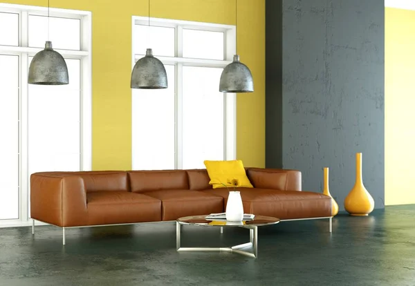 Habitación luminosa moderna de diseño interior con sofá marrón — Foto de Stock
