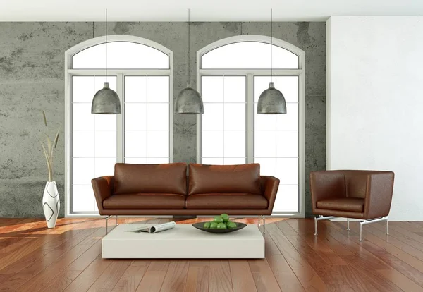 Design interiéru moderní světlý pokoj s hnědou pohovku — Stock fotografie