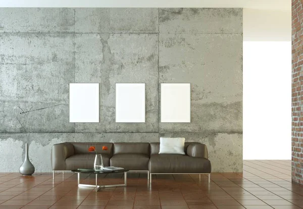 İç tasarım modern parlak oda kahverengi kanepe