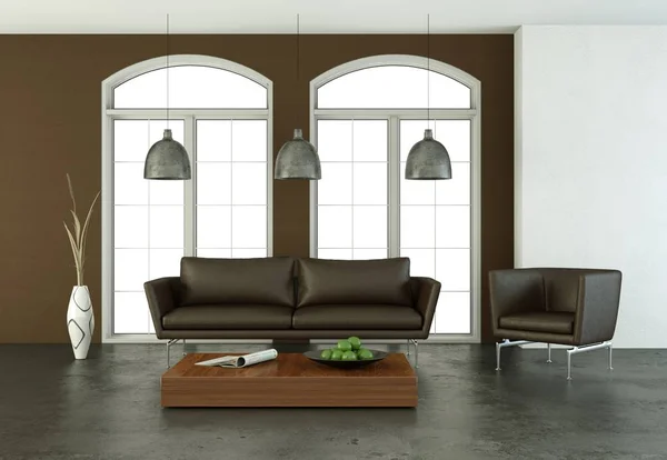 Habitación luminosa moderna de diseño interior con sofá marrón — Foto de Stock