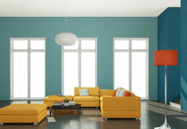 Interior design modern bright room with yellow sofa clipart