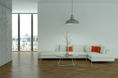 Interior design modern bright room with white sofa clipart