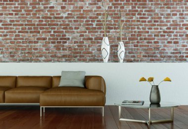 İç tasarım modern parlak oda kahverengi kanepe