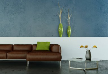 İç tasarım modern parlak oda kahverengi kanepe