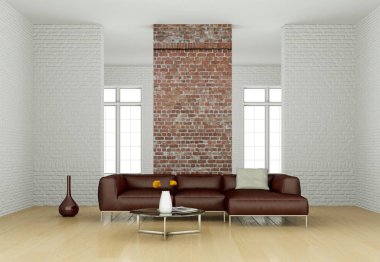 İç tasarım modern parlak oda kahverengi kanepe