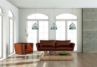 İç tasarım modern parlak oda kahverengi kanepe