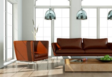 İç tasarım modern parlak oda kahverengi kanepe