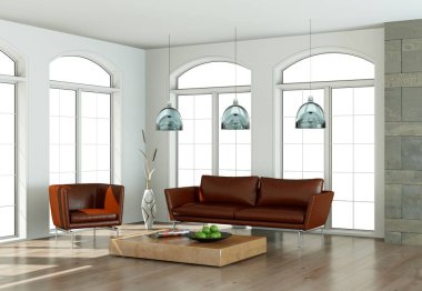 İç tasarım modern parlak oda kahverengi kanepe