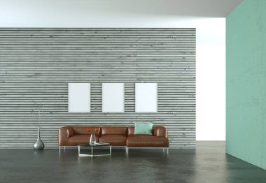 İç tasarım modern parlak oda kahverengi kanepe