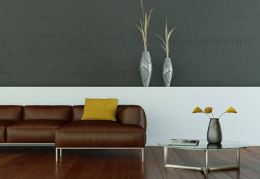 İç tasarım modern parlak oda kahverengi kanepe