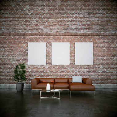 İç tasarım modern parlak oda kahverengi kanepe