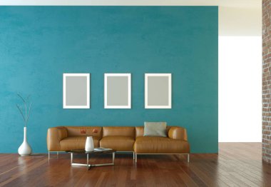 İç tasarım modern parlak oda kahverengi kanepe