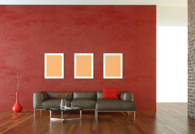 İç tasarım modern parlak oda kahverengi kanepe ile 3d çizim