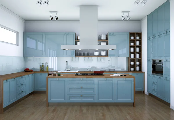 Blå modernt kök inredning illustration — Stockfoto