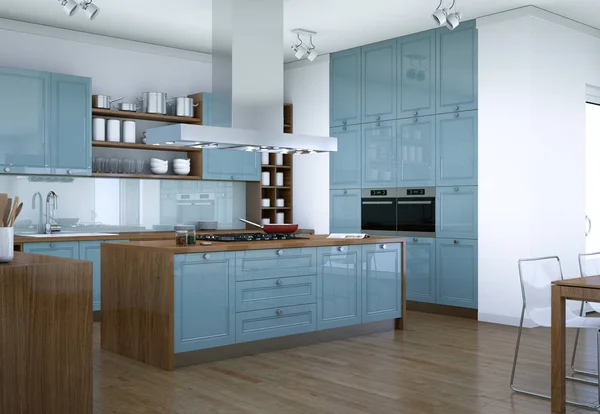 Blu cucina moderna interior design illustrazione — Foto Stock