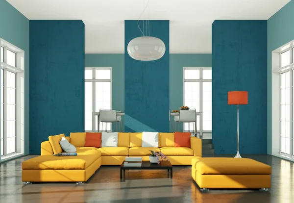 Διακόσμηση σύγχρονη φωτεινό δωμάτιο με κίτρινο καναπέ — Φωτογραφία Αρχείου