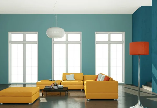 Interior design modern fényes szobában sárga kanapé — Stock Fotó