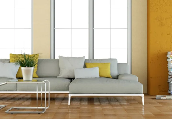 Interior design modern fényes szobában szürke kanapé — Stock Fotó