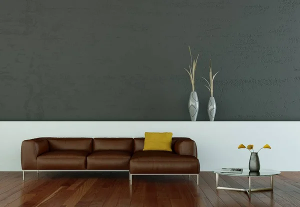 Διακόσμηση σύγχρονη φωτεινό δωμάτιο με καφέ καναπέ — Φωτογραφία Αρχείου
