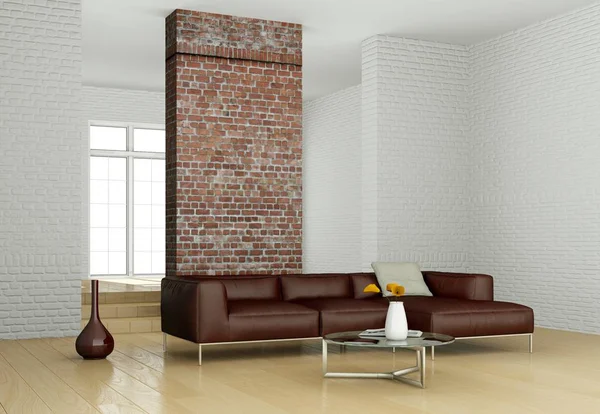 Interior design modern bright room with brown sofa — Stock Photo, Image