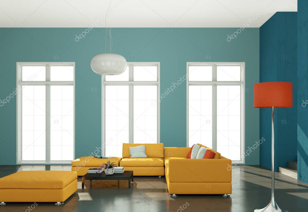 Interior design modern bright room with yellow sofa