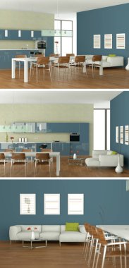 Güzel bir tasarım ile modern bir mutfak, üç kez bakıldı