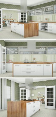 Güzel bir tasarım ile modern bir mutfak, üç kez bakıldı