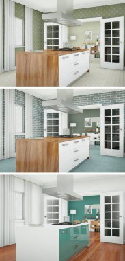 Güzel bir tasarım ile modern bir mutfak, üç kez bakıldı