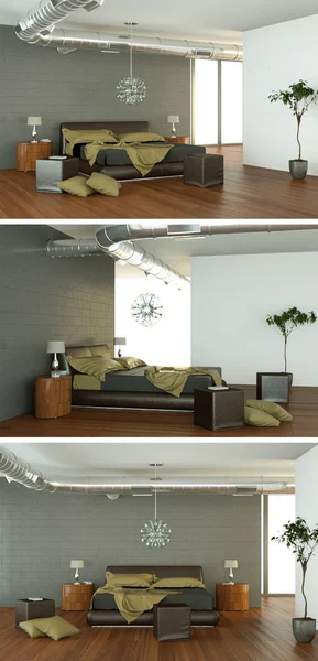 Tre Visningar Modern Interiör Loft Design Rendering — Stockfoto