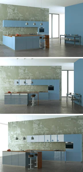 三个现代厨房的风景与一个美丽的设计 — 图库照片