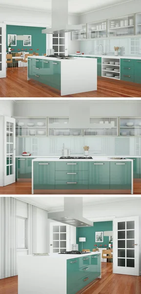 Güzel bir tasarım ile modern bir mutfak, üç kez bakıldı — Stok fotoğraf