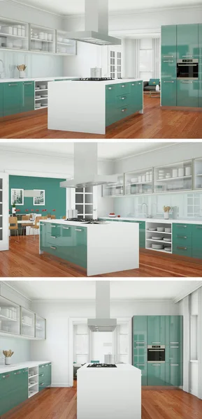 Tres vistas de una cocina moderna con un hermoso diseño — Foto de Stock