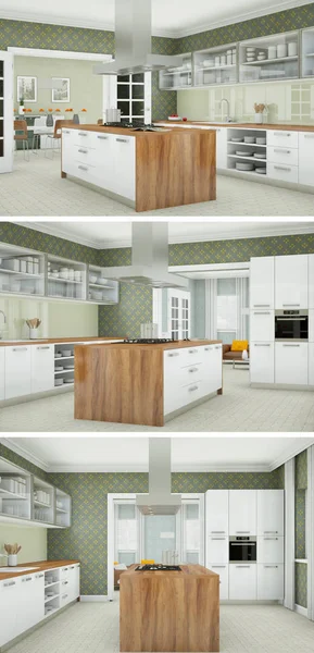 Tre vyer av ett modernt kök med en vacker design — Stockfoto
