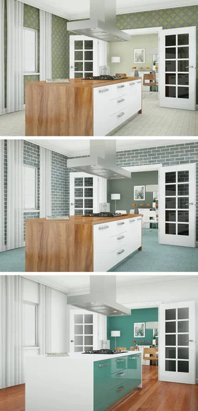 Güzel bir tasarım ile modern bir mutfak, üç kez bakıldı