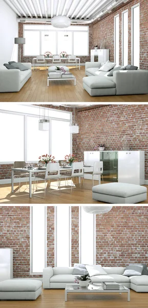 Tre visningar av modern interiör loft design — Stockfoto