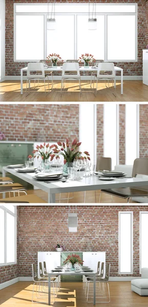 Three views of modern interior loft design — Stock Photo, Image