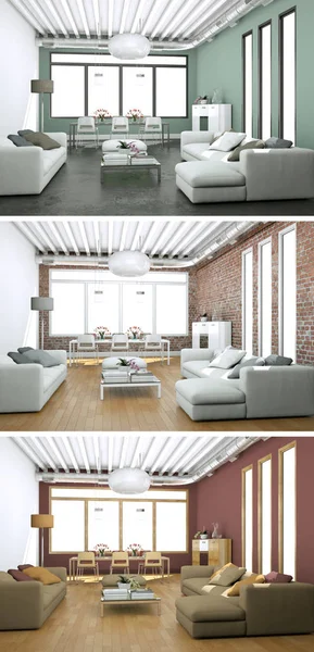 Tre olika färgvarianter av en moderna loft inredning — Stockfoto