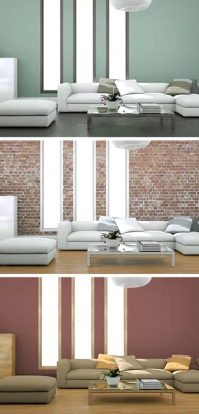 Tre varianti di colore di un moderno loft interior design — Foto Stock