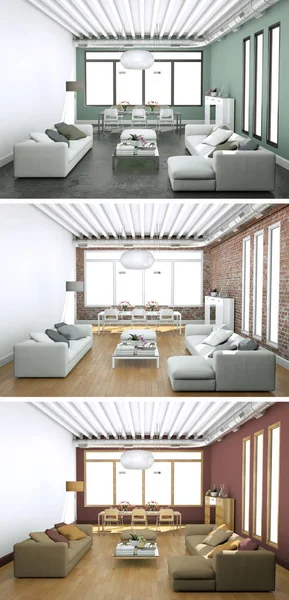 Trois variations de couleur d'un design intérieur loft moderne — Photo