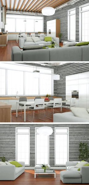 Three views of modern interior loft design — Stock Photo, Image