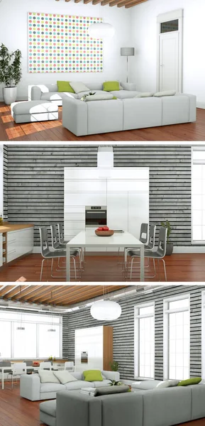 Three views of modern interior loft design — Stock Photo, Image