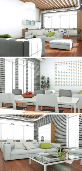 Three views of modern interior loft design — Stock Photo, Image