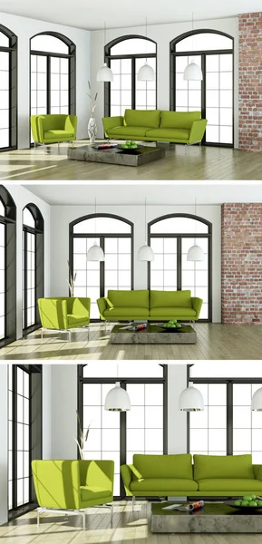 Trzy widoki nowoczesne wnętrza loftu — Zdjęcie stockowe