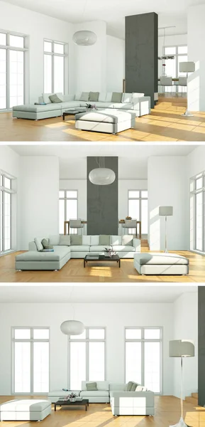 Drei Ansichten des modernen Interieur-Loft-Designs — Stockfoto