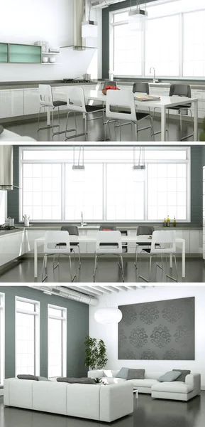 Three views of modern interior loft design — Stock Photo, Image