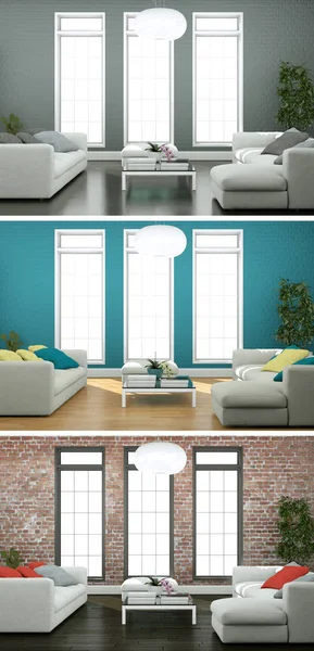 Drei Farbvarianten eines modernen Loft-Interieurs — Stockfoto